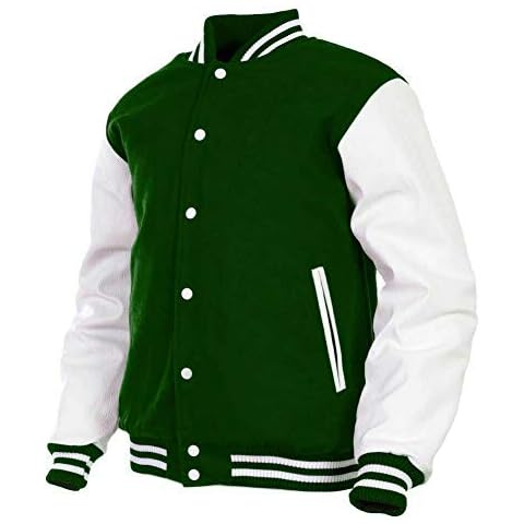 Men's Varsity Jacket Fleece Faux Leather Arms Letterman College Adult Jackets (Green White, X-Large) Cover