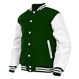 GENZ Mens Varsity Jacket Faux Leather Sleeve and Wool Blend Letterman College Varsity Jackets (Large, Green-White)
