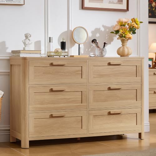 Image of Joaxswe Farmhouse 6 Drawer Dresser for Bedroom, Horizontal Dressers with 6 Deep Drawers & 4 Thickened Table Legs, Natural