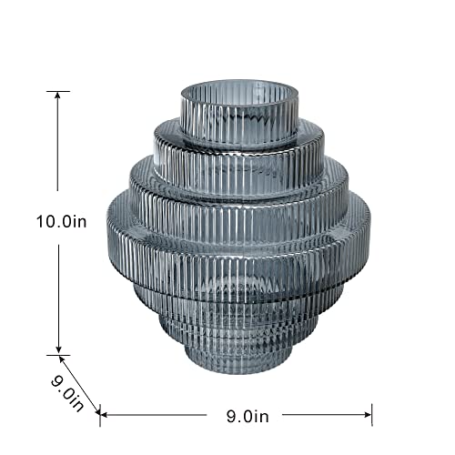 A&B Home Smoked Fluted Geometric Vase - Tiered Decorative Glass Vase, Tabletop Home Décor, Bedroom Living Room Accent Piece Entryway Console Table Sideboard Flower Vase, 9" X 9" X 10" #TOP5