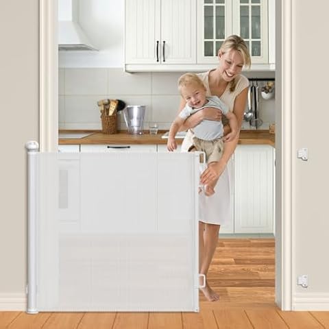 probebi Retractable Baby Gates Extra Wide, Dog Gate Extends to 55/in Wide 34/in Tall, Dog Gates for The House, Mesh Baby Gate for Staris, Hallways, Doorways, Outdoor & Indoor (White) SG021 Cover
