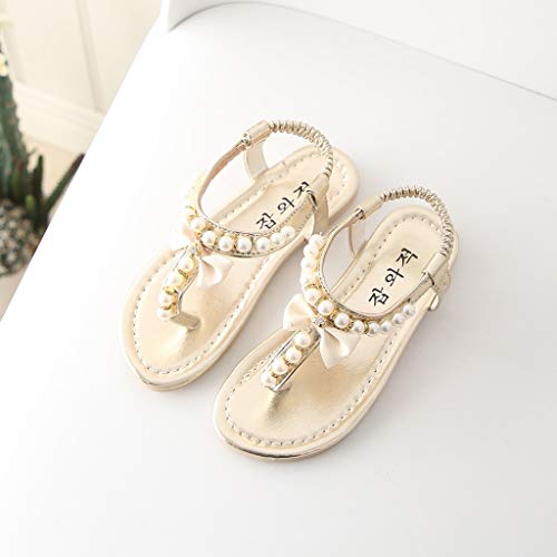 White Sandals for Girls Summer Princess Baby Thong Shoes Sandals Bowknot Toddler Kids Infant Pearl Girls Baby Shoes (Gold, 10 Years)3