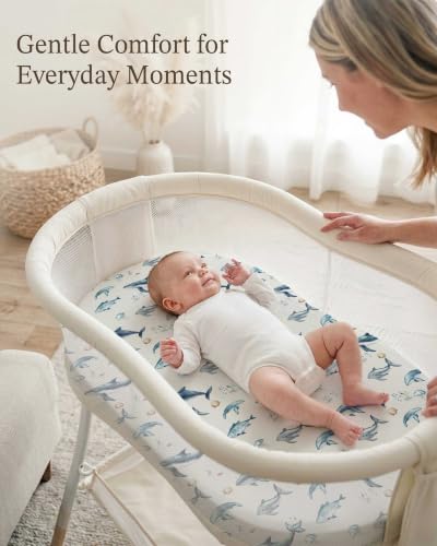 Image of Bassinet Sheets for Baby Girls Boys 2 Pack, Fitted Baby Mattress Sheet for Rectangle, Oval, Hourglass Bassinet Mattress, Breathable Cozy & Universal Fit (Aquatic Adventures, Bassinet Sheet)
