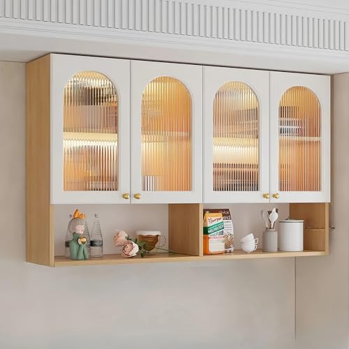 El Mejor Listado de Alacena Flotante Top 5. 45 NEBULYN Alacenas para Cocina, Alacena Gabinete para Cocina 3 Puertas, Mueble Superior con Visualización en Vidrio Transparente 120x30x80CM(Claro)