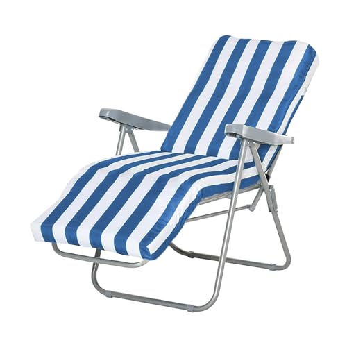 GREATOYAR Cojín Tumbona, Colchoneta Tumbona Acolchada, Cojín Acolchado de Fibra, con Goma y Correas de Sujeción, Tela Polyester, para Exteriores Terraza Jardín Viaje Playa, 120x55x8cm, Raya Azul