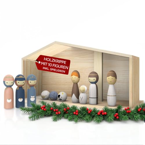 Eli® Weihnachtskrippe aus Holz für Kinder inkl. Krippenfiguren -...