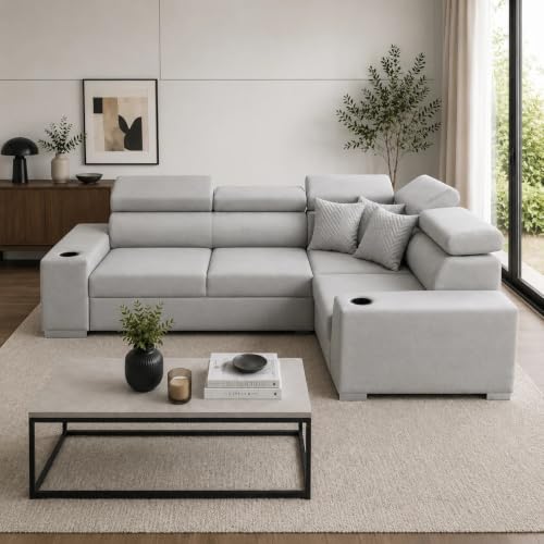 Image of Torque Sienna 4 Seater L Shaped Sofa Set for Living Room - Light Grey-RHS | Premium Fabric Sofa with Adjustable Headrests & Cup Holders | L-Shape 4 Seater Couches
