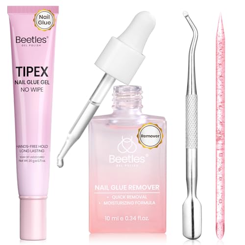 Beetles Gel Nail Glue & Remover Kit 20g No Wipe Hands-Free Nail Glue for Tipex Soft Gel Nail Tips & Clear Press On Nails 10ml Nail Remover with Nail Tools Gentle Formula Gift for Women