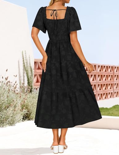 Image of ZESICA Women's Summer Boho Floral Midi Dress 2026 Casual Short Sleeve Square Neck Flowy Beach Vacation Long Dress