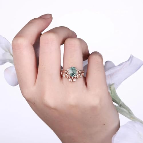 Moss Agate Engagement Ring for Women 1CT Pear/Oval Cut Ring S925/10K/14K/18K Nature Inspired Leaf Floral Moss Agate Ring Unique Celtic Knot Ring Set Gift For Her Size3-164