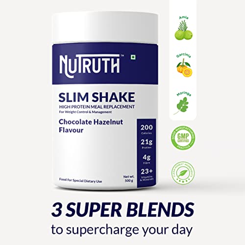 Image of High Protein Meal Replacement Chocolate Hazelnut Flavoured Slim Shake + 500 Ml Shaker | 21 Gm Protein /Serving | Weight Control & Management Protein Shake (500 Gm)
