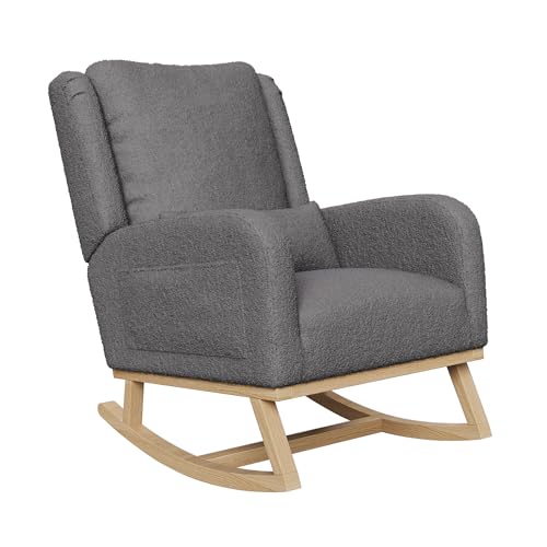 Lazyspace Mecedora gris de tela de peluche, silla de relax, sillón de salón, silla de lactancia, silla mecedora con bolsillos laterales y base de madera para salón, dormitorio, balcón, soporta hasta