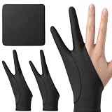 2 Stück Schwarz Zeichenhandschuh für Grafiktabletts 2-Finger 3-Schicht Künstlerhandschuh für Rechts Links Digitaler Zeichenhandschuh für Tablet-PC, Skizze mit 1 Reinigungstuch (21.5x9cm)