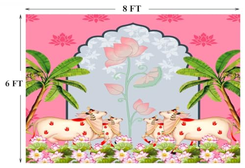 Image of varalakshmi Background Decorations | Background Decoration Cloth |pichwai Backdrop Cloth for Decoration (Pink Lotus 4 Cows Backdrop) Pink,Sky Blue Colour (8FT-6 FT)