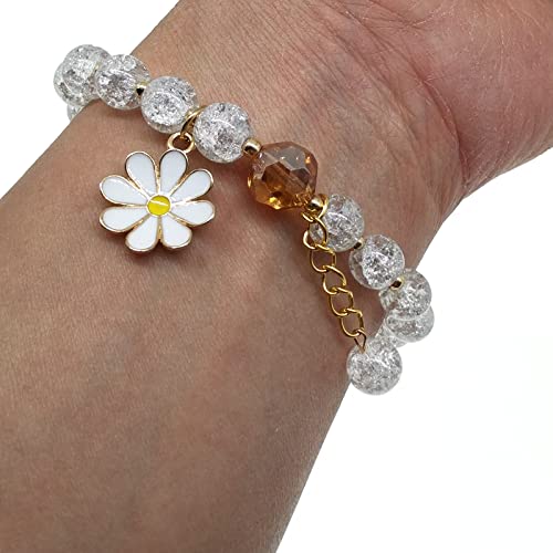 Image of Glazed Flowers Crystal Bead Bracelets 8mm Gemstone Beaded Stretch Bracelet with Flower Bracelet for Women