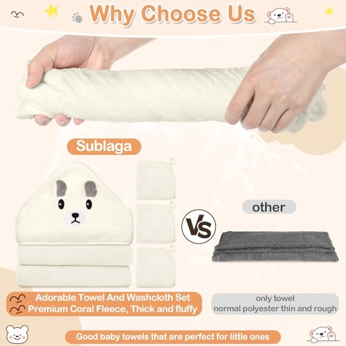 Image of Sublaga 4 Pcs Baby Towels Set, 32x32 in Hooded Bath Towel and 3 Pcs Baby Washcloths for Newborns, Toddlers, and Kids, Soft Baby Towels and Washcloths Set for Boys and Girls (White Bear)