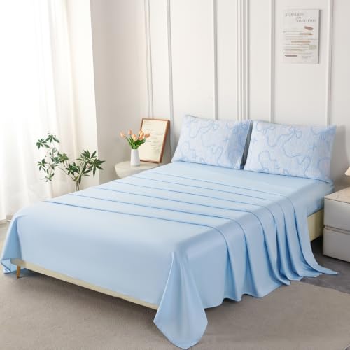 Image of PERFEMET Full Bedding Set for Girls Light Blue, 5 Pieces Aesthetic Embossed Bow Comforter Set with Sheets, Soft All Season Cute Bowknot Jacquard Bed in a Bag Women Boho Bedroom Decor