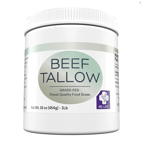 MD. Life Beef Tallow for Cooking - Food Grade Grass Fed Beef Tallow for Cooking Oil Replacement - 16 Onces - Pasture Raised Keto Friendly Beef Tallow- Used to Make Candles &amp; Soap