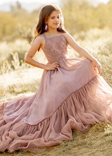 MCieloLuna Elegant Frist Communion Dress Boho Girls Dress A-Line Chiffon Flower Girl Dresses for Brithday Wedding Party Dress Dusty Rose Size 104
