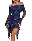 BeryLove Women's Sexy Elegant Ruffle Long Sleeve Sequin Bodycon Dresses Off Shoulder Ruched Party Homecoming Dress WYS001 Navy 2XL