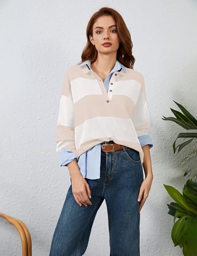 Image of Womens Striped Sweater Rugby Polo Shirts Y2k Collar Pullover Tops | Rugby Shirt,Long Sleeve Knit Top,Lapel V Neck Jumper,Oversized,Casual Outings Streetwear,Preppy Sweater,Fall Winter Clothes