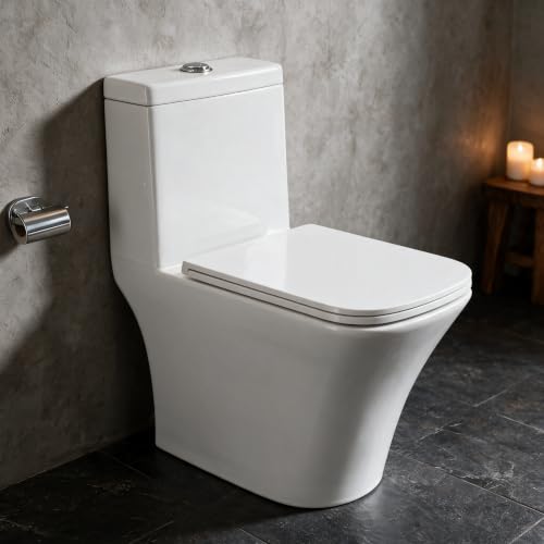 Image of Backline P TRAP Commode Toilet | One Piece Floor Mounted Western Toilet | Water Closet Commode With Soft Close Toilet Seat For Bathroom P Trap Outlet Is From Wall (10 Years Warranty)