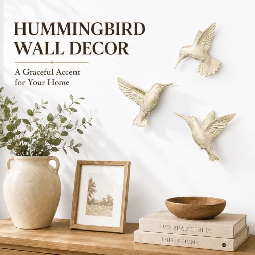 Image of GUSFREUD 3D Hummingbird Wall Decor Set - Gold Resin Bird Wall Decor for Living Room, Bedroom and Gallery Walls - Ivory Gold - Set of 3