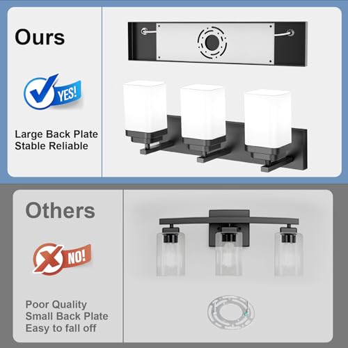 Image of Matte Black Bathroom Light Fixtures, 3 Lights Bathroom Lighting Fixtures Over Mirror, Square Design & Rectangle Large Backplate, Modern Vanity Lighting Fixtures, for Living Room /Bedroom