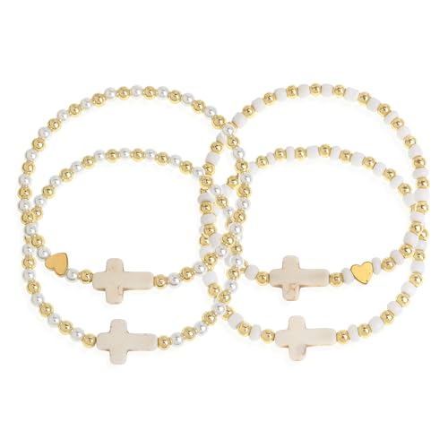 Gold Beaded Pearl Cross Stack Friendship Bracelets Set for Women, 4Pcs Boho Trendy Handmade White Beads Elastic Stretch Stackable Bracelet Prom Jewelry Gift.
