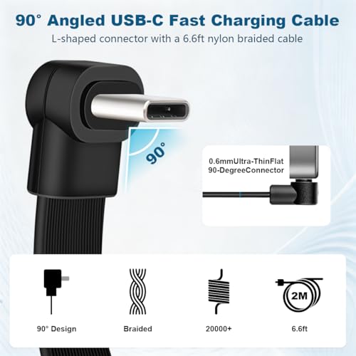 Image of Verilux 6.6Ft Right Angle C Type Charger Cable, PD 60W Type C Cable Fast Charging, 480Mbps Data Cable C Type Fast Charging, Nylon Braided USB C Cable for iPhone 17 /16 /15 Series, Galaxy S26 /S25 /S24