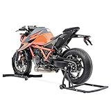 Volumen de suministro: Constands Single One caballete trasero monobrazo, perno de aluminio para el basculante, calzo rueda Easy Plus. Constands set de caballete moto trasero monobrazo y calzo de rueda delantero
