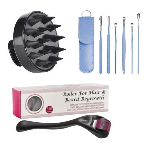 Image of 3 Pcs Combo Offer For Roller For Hair & Beard Regrowth With 540 Titanium Alloy Micro Needles 0.5 Mm | Round Hair Scalp Manual Massager (Black) Aad-P656