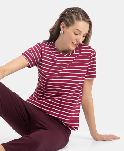 Image of Jockey A121 Women's Super Combed Cotton Stripe Fabric Relaxed Fit Round Neck Half Sleeve T-Shirt