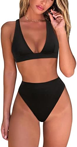 fatty tiger Womens High Waisted Thong Bikini Sets Sexy Brazilian Triangle Top Deep V Neck Two Piece Swimsuit Bathing Suits (Black, Large)