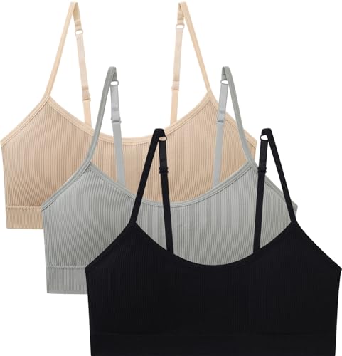 Suekaphin Girls Training Bra Padded Seamless Soft Bras for Girls with Adjustable Strapes Removable Pads Pack of 3