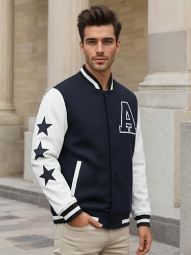 Image of CHKOKKO Men's Regular Varsity Jacket with Snap Button Closure and Patch Design Trendy Comfortable Outerwear for College Travel and Casual Wear