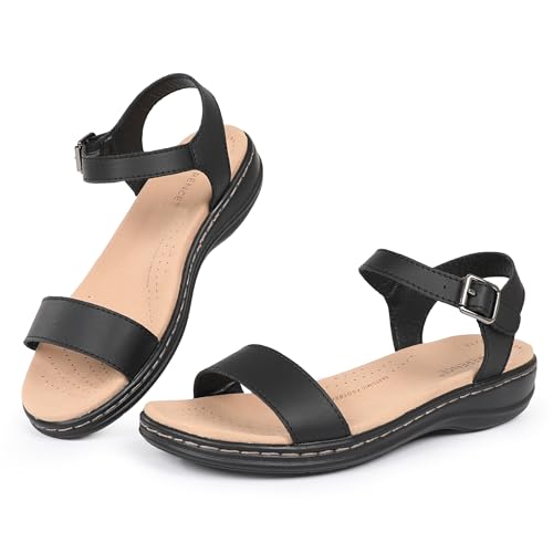 CIOR Leather Women Sandals with Arch Support, Comfortable Memory Foam Summer Beach Sandals Shoes
