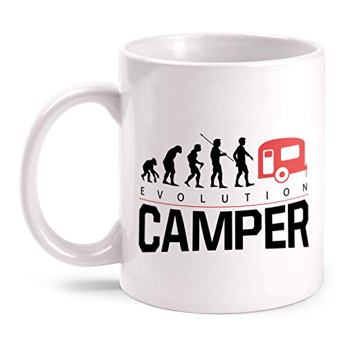 Fashionalarm Tasse Evolution Camper – Imprimée des deux côtés avec inscription | Idée de cadeau amusante pour hommes, camping, vacances, blanc, 330 ml