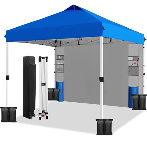 WEIZE 10ft X10ft Pop Up Canopy Tent,One-Button Push Setup,Pop Up Tent with 1 Sidewall and 6 Pockets,Adjustable Height Instant Portable Shelter,4 Weight Bags,Sun Shade for Events & Beach (Blue)