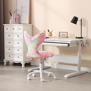 Cute kids desk chair soft fuzzy computer chair for girls teen reading study adjustable swivel rolling task chair vanity chair with little mermaid sparkling backdeep rainbow  urban country home decor