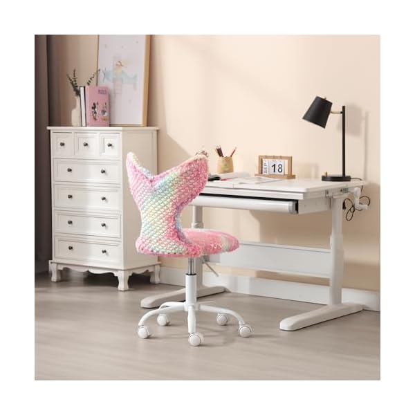 Cute kids desk chair soft fuzzy computer chair for girls teen reading study adjustable swivel rolling task chair vanity chair with little mermaid sparkling backdeep rainbow  urban country home decor