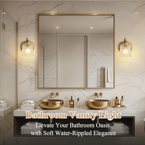 Image of Mecgirn Stainless Steel Bathroom Vanity Light Over Mirror, 1 Light Brushed Gold Bathroom Light Fixtures with Textured Glass Shades, Modern Vanity Lighting Wall Mount
