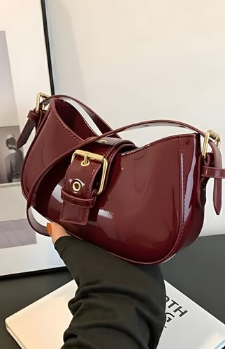 Image of Korean Style Leather Shoulder Bag with Buckle Glossy Finish Crossbody Purse for Daily Use Travel & Shopping Phone Purse with Adjustable Strap Lightweight Trendy Bag for Girls