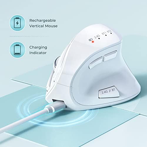 Seenda Ergonomic Mouse Wireless, Rechargeable Vertical Mouse for Multi-Purpose (BT3.0/5.0/2.4GHZ), Ergonomic Mouse Bluetooth for Laptop/PC/Smart TV/Mac/Smartphone/Tablet/iPad, White Silver