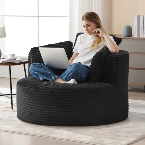 Image of Antetek 48.8-inch Round Chair, Modern Accent Corduroy Comfy Deep Seat Boneless Foam Floor Single Circle Chaise Sofa Chair with 3 Pillows for Living Room Bedroom Office, No Assembly Required, Black