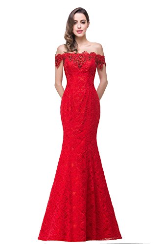Babyonlinedress Femme Sexy Elegant Robe de soirée/Bal/Cérémonie Longue Ras au Sol Forme Sirène/Trompette en Dentelle Lacet avec Appliques Rouge 46…