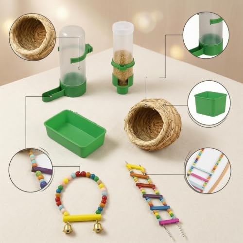 JWQFBC Vogelkäfig Zubehör für Wellensittiche & Vögel- Wassertränke, Futterspender & Spielzeug aus Naturmaterialien, Tränke + Futterspender (mit Futterzubehör)-5