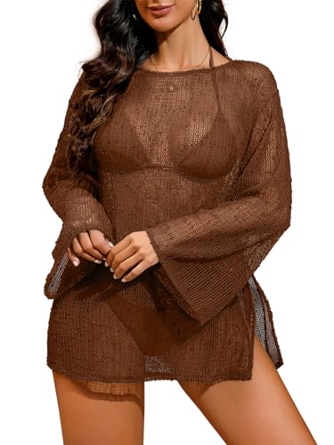Image of Lilosy Sexy Crochet Sheer Kaftan Caftan Beach Dress Bathing Suit Swim Coverup Summer Vacation Outfits One Piece