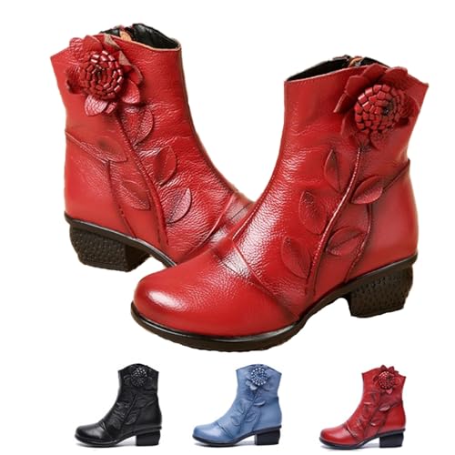 Cubicbee Women's Retro Handmade Flower Leather Ankle Boots Ethnic Floral Round Toe Block Low Heel Mid Calf Boots with Side Zipper