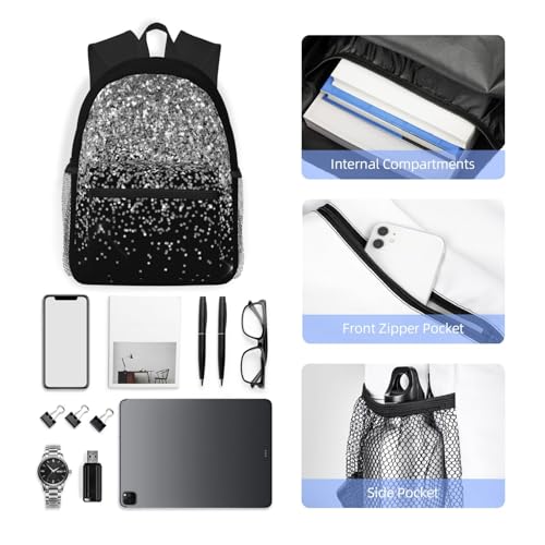 Silver Black Glitter Sparkle Casual Backpack – Lightweight Travel Daypack, Multi-Pocket Laptop Hiking Bag, Durable Polyester Pack For Outdoor Camping Cycling4